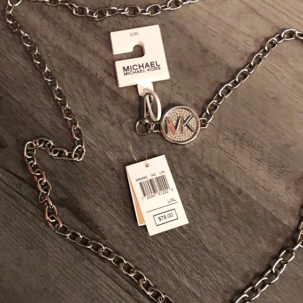 Michael Kors Silver Tone Chain Link Belt With Round Pave MK Logo Size L/XL NWT - Picture 7 of 12